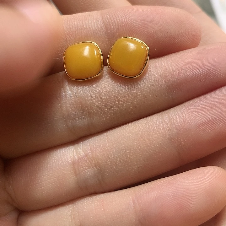 琥珀银S925镀金镶嵌耳饰小*