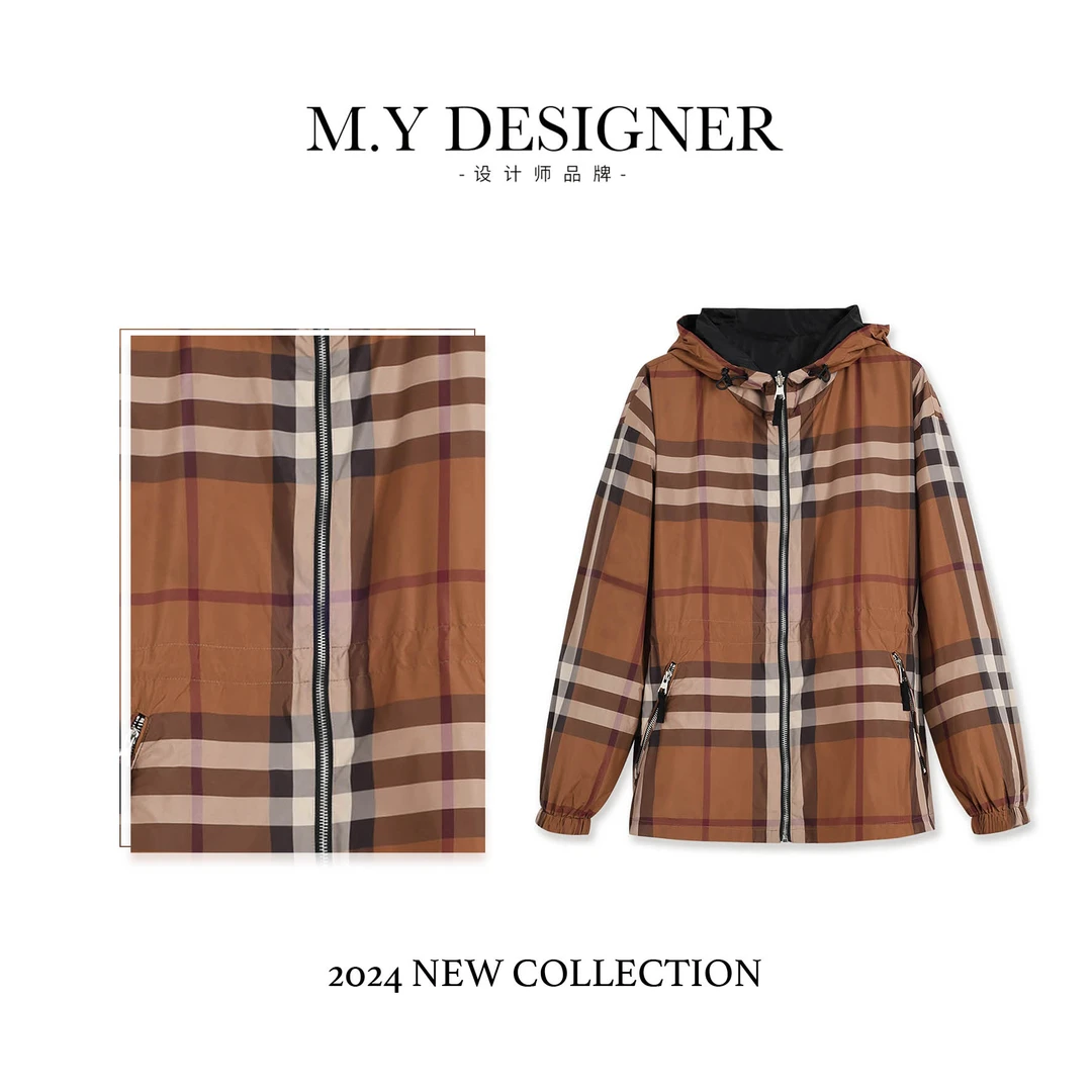 M.Y媛总 秋冬新款时尚经典格纹拉链连帽宽松外套女装上衣OK0677