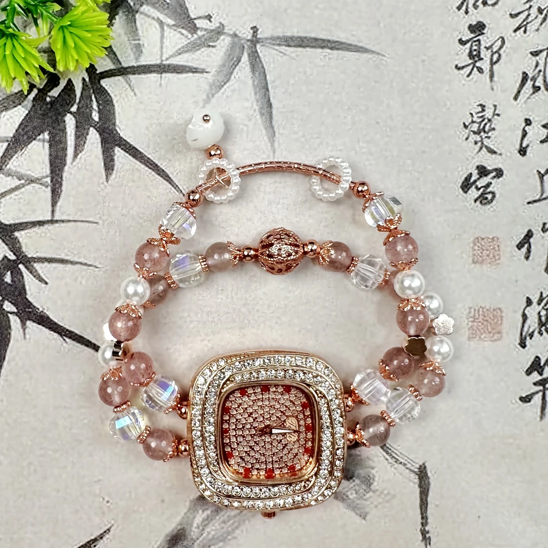 S22粉色石英质玉手串手链精美百搭少女感小众时尚气质轻奢手表
