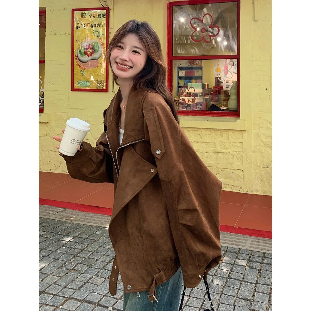 美拉德复古咖色加棉夹克外套女2025冬季新款牛皮绒工装加棉机车服