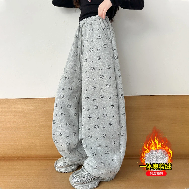女童加绒裤子秋冬女大童韩系洋气卡通裤女孩卫裤初中生加厚运动裤