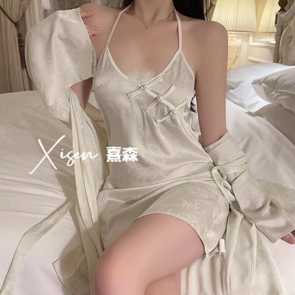 【熹森】月光女神新中新顺滑提花性感挂脖睡裙套装纯欲风