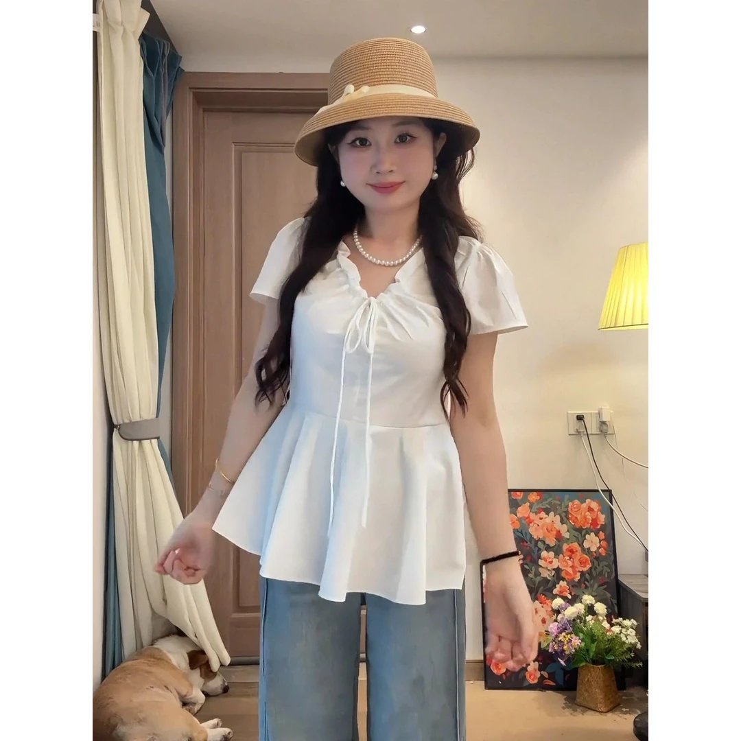 wanatry大码胖mm法式复古V领系带短袖衬衫女夏季收腰遮肚子显瘦小