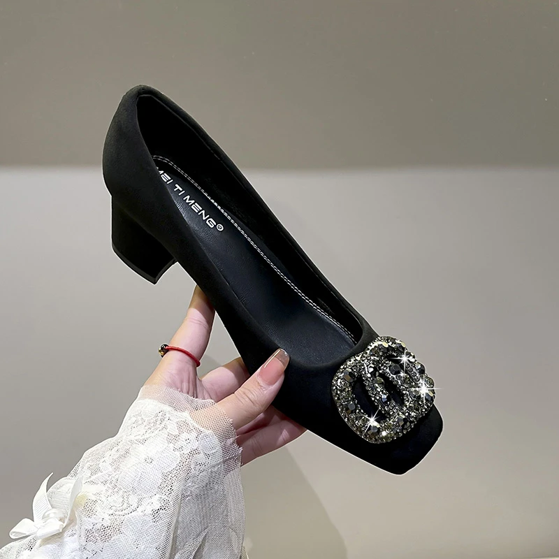 高跟鞋女爆款洋气百搭软底浅口舒适粗跟方头黑色职业黑色高跟单鞋