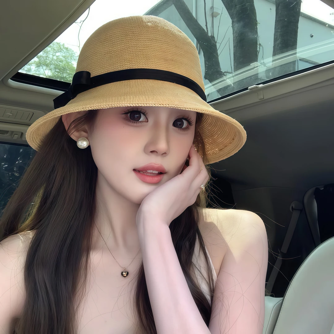 松本月家拉菲草帽女新款海边大檐沙滩帽防晒防紫外线遮阳帽渔夫帽
