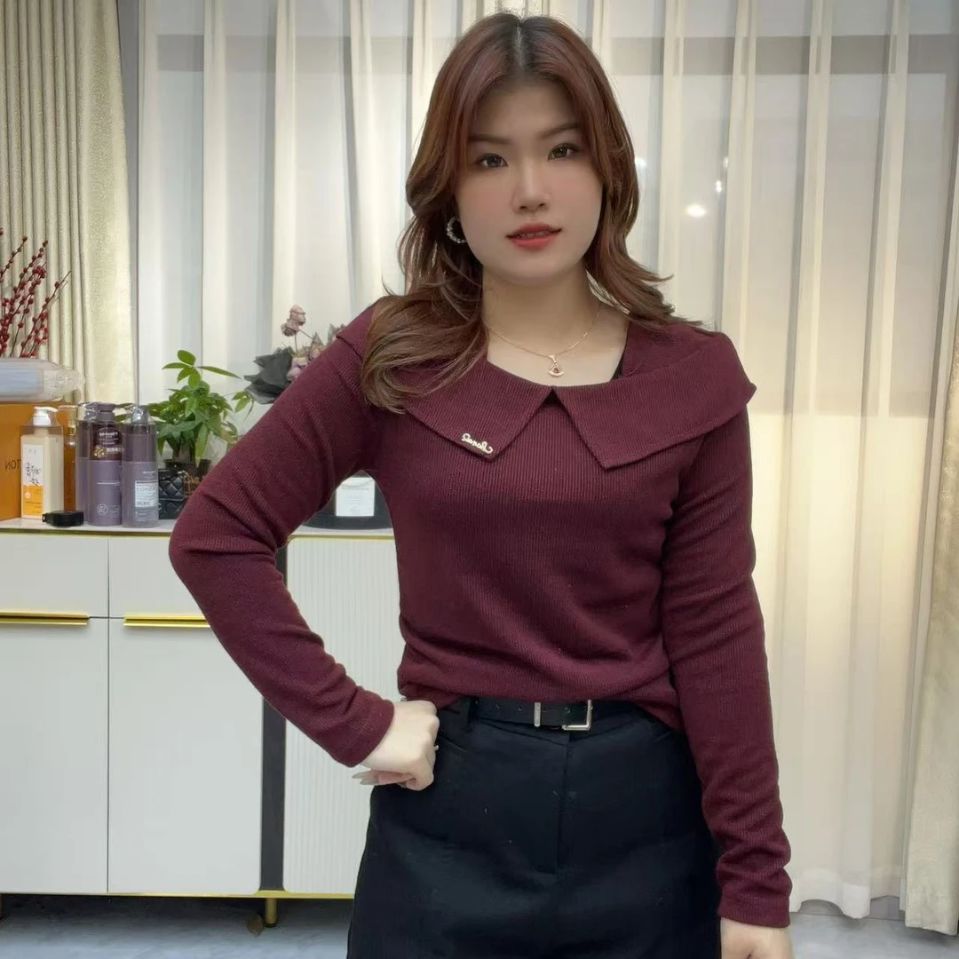 小鑫肝@现货浮力一字肩花边装饰长袖针织衫 5630