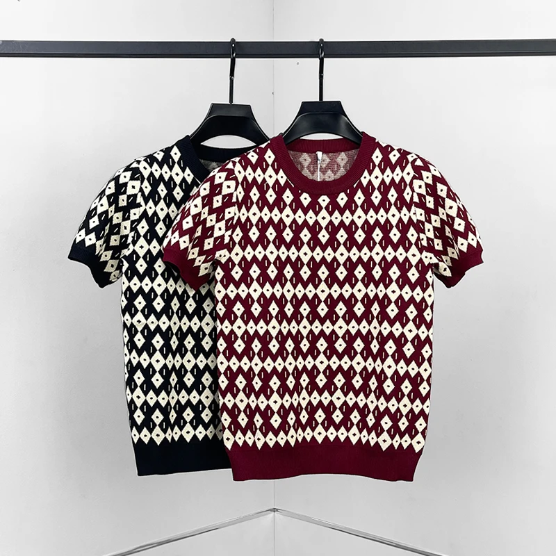 秋冬季新款男士短袖针织衫个性格子提花圆领大码修身毛衣打底衫潮