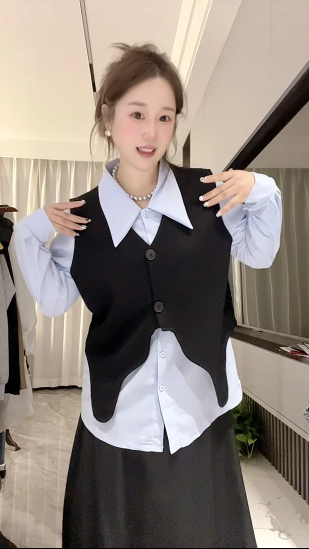 「小吴家」大码胖mm时尚套装女减龄遮肉上衣显瘦马甲衬衫两件套