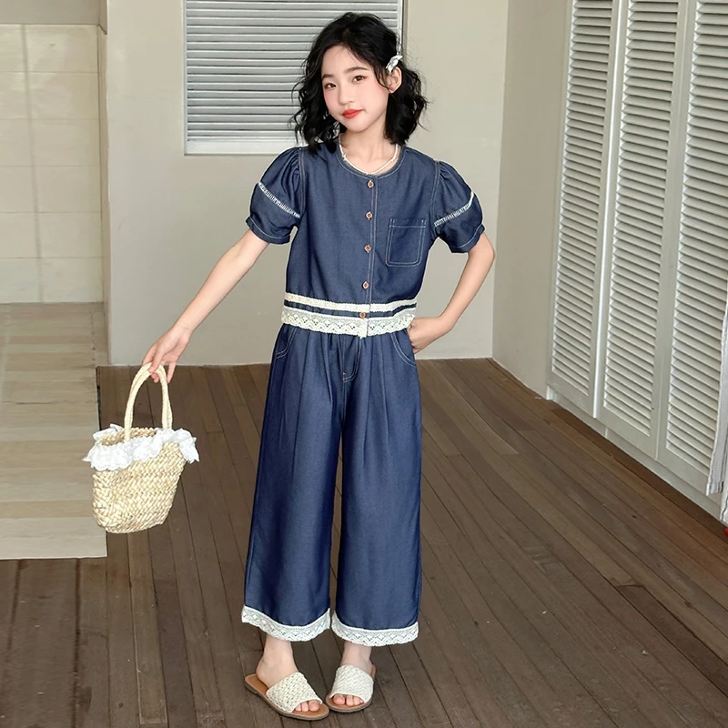 女童牛仔套装夏装新款裤子洋气儿童薄款短袖中大童牛仔裤两件套潮