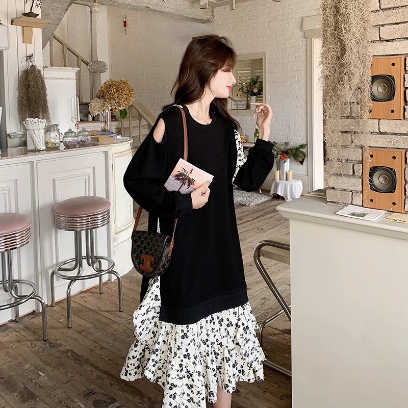 撞色拼接小个子假两件卫衣裙2025春新款小个子大方得体穿搭连衣裙