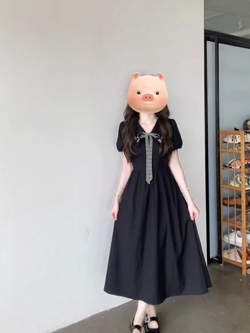【黑巧格语】黑色复古时尚娃娃领连衣裙女夏季新款法式气质长裙