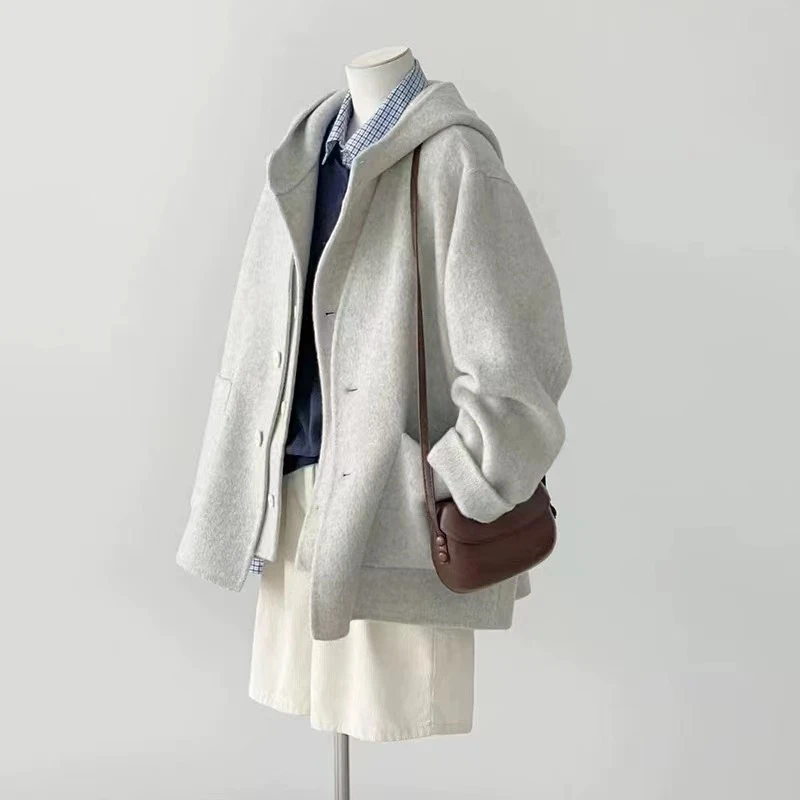 羊毛大衣纯色休闲真两件外套短款连帽休闲百搭