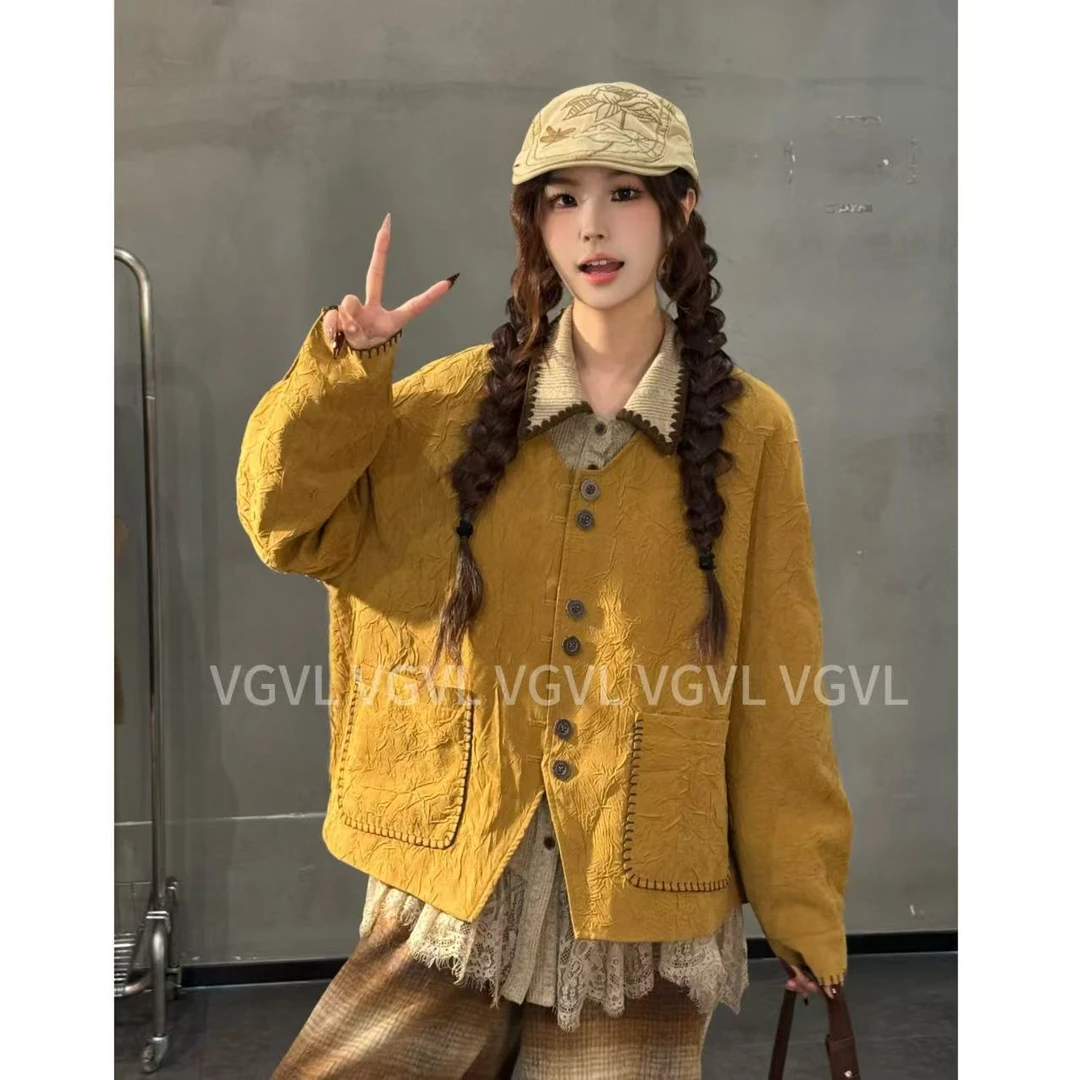 VGVL宽松短外套长袖liuyi外套韩版复古女百搭圆领时尚