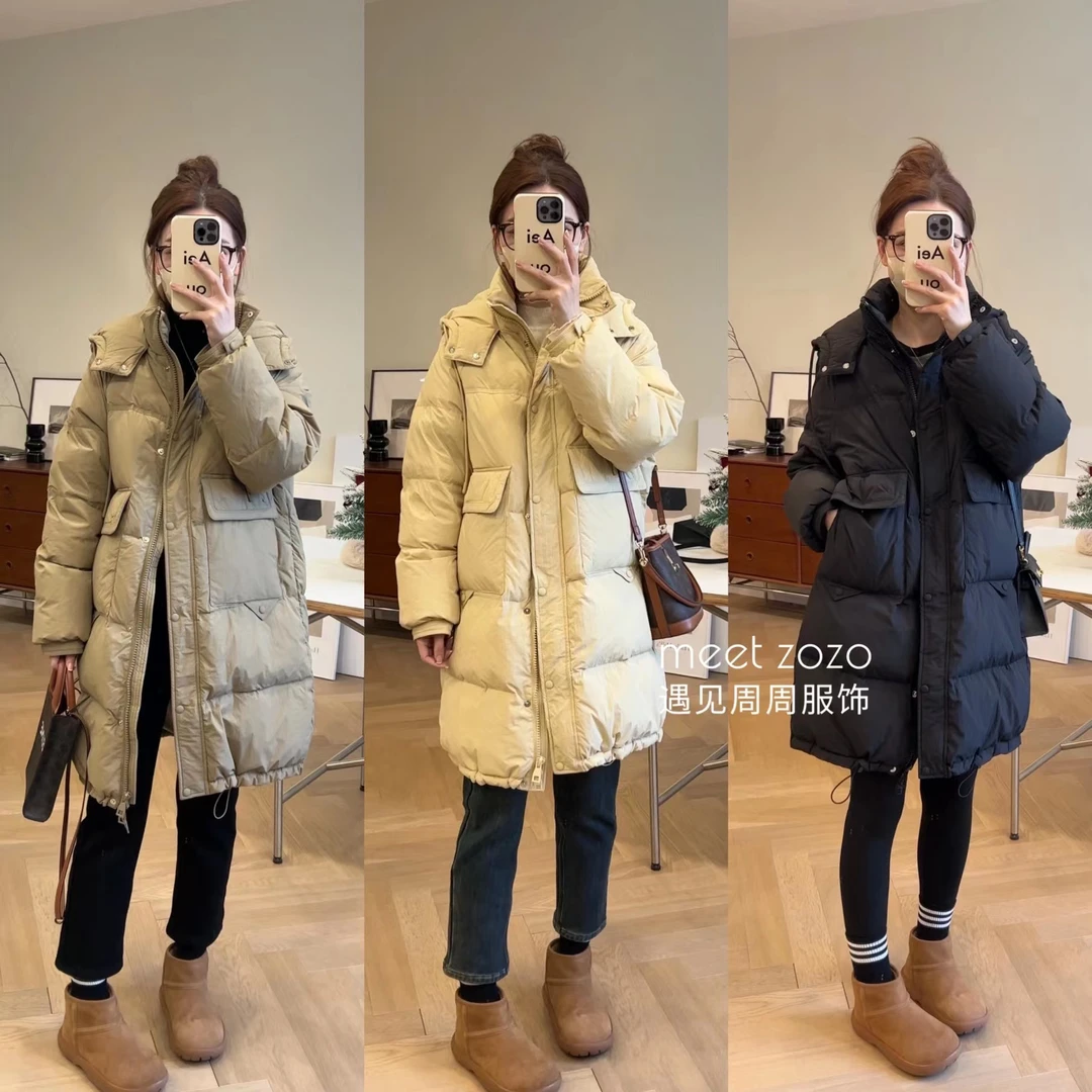 MEET ZOZO【周周】《口袋小标～》冬季韩货口袋中长连帽羽绒服312272