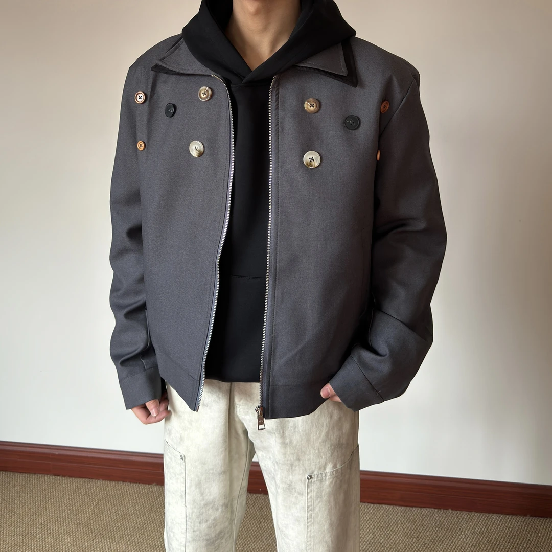 布老哥Blog老钱风纽扣假两件双领夹克短宽显高"TR混纺"外套秋W522