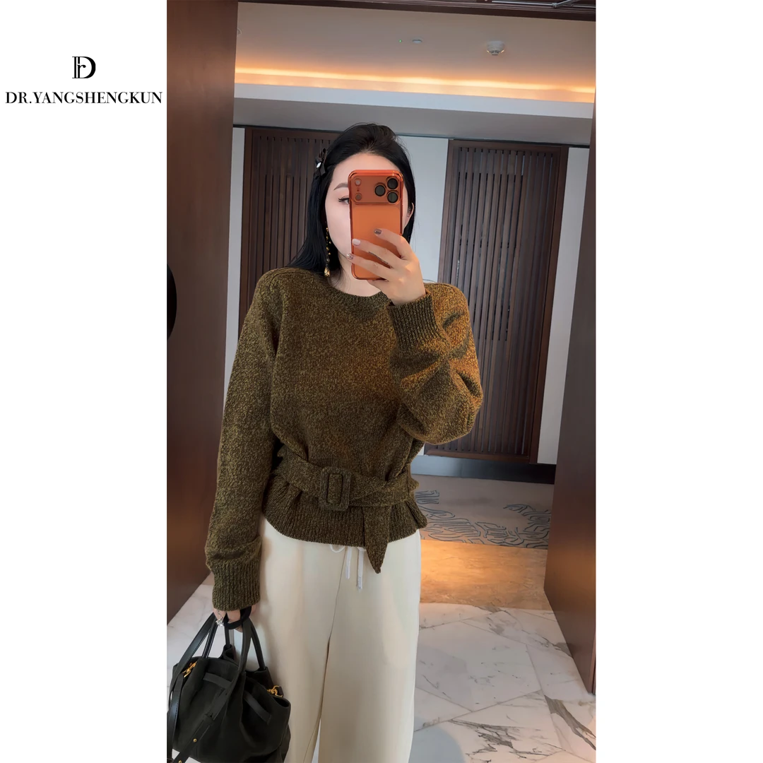 杨圣坤2025新品100%绵羊毛复古花纱收腰系带长袖针织衫S82592235