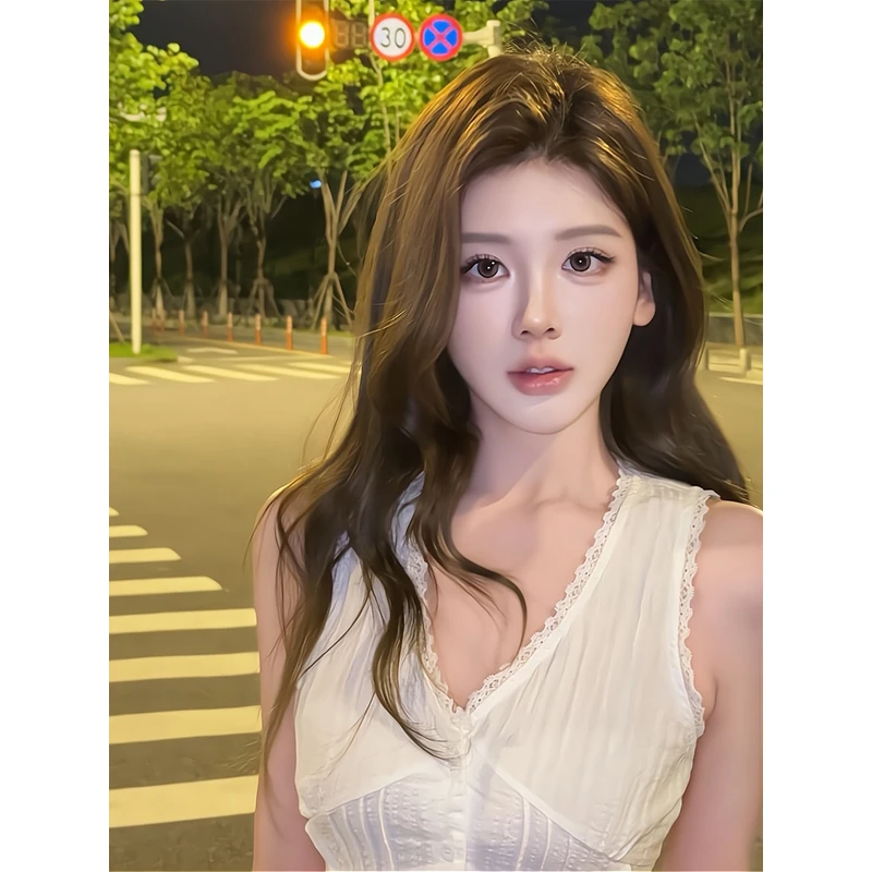 蕾丝花边无袖背心纯欲风外穿v领短款上衣半身裙半裙辣妹包臀短裙