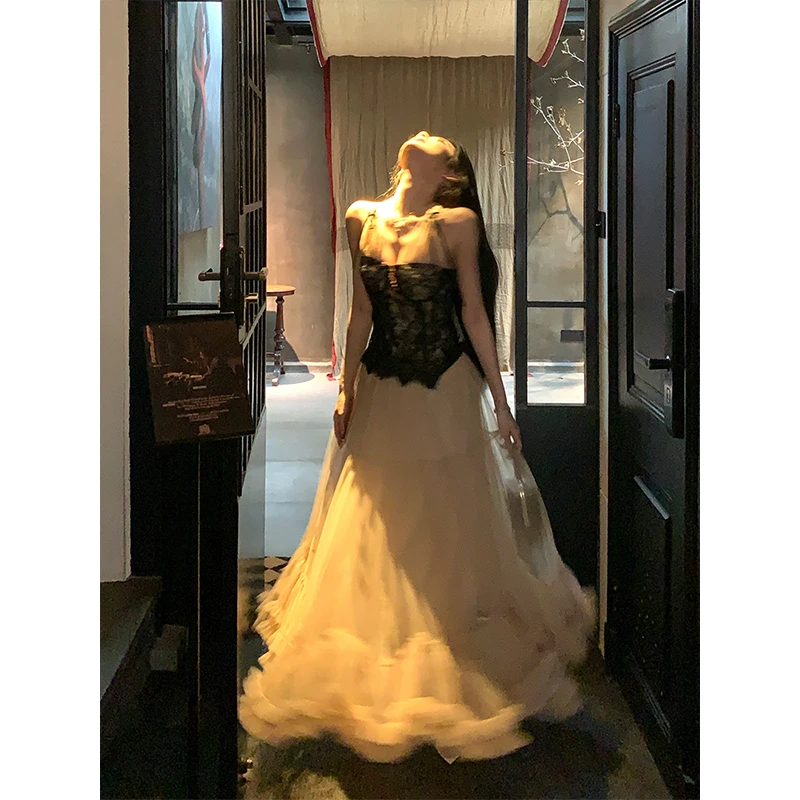 Barb Chill【旧金山日落】 蕾丝网纱挂脖上衣+叠层网纱长裙