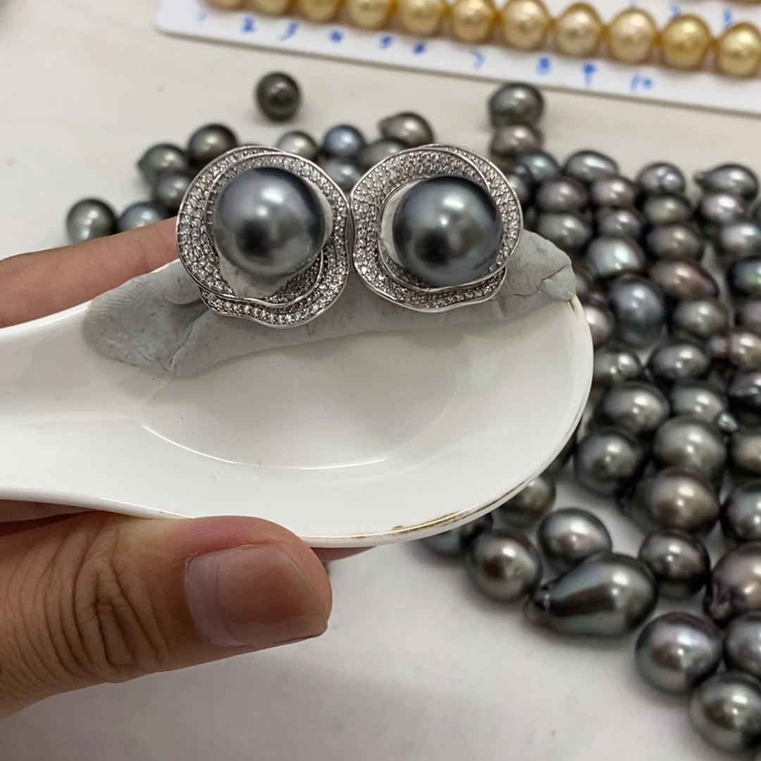 裸珠海水珍珠大溪地背镶12.6m对珠 不含配件