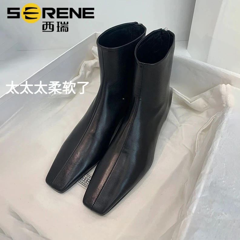 西瑞女款秋季方头马丁靴明星同款鞋女款平跟短靴2025流行款女靴子