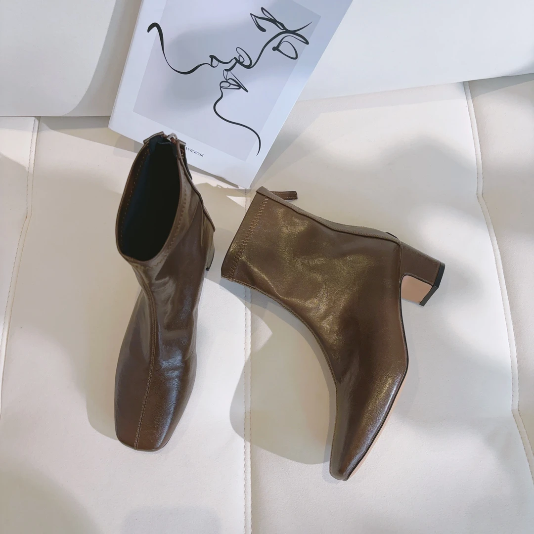 豆豆6 方头轻奢设计感棕色气质时尚短靴子女-DQ9965-09A