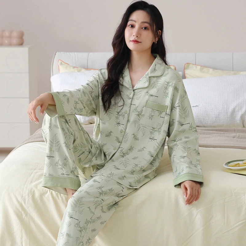 2024新款莉莉家女士加厚纯棉绿色树林开衫长袖睡衣家居服可外穿