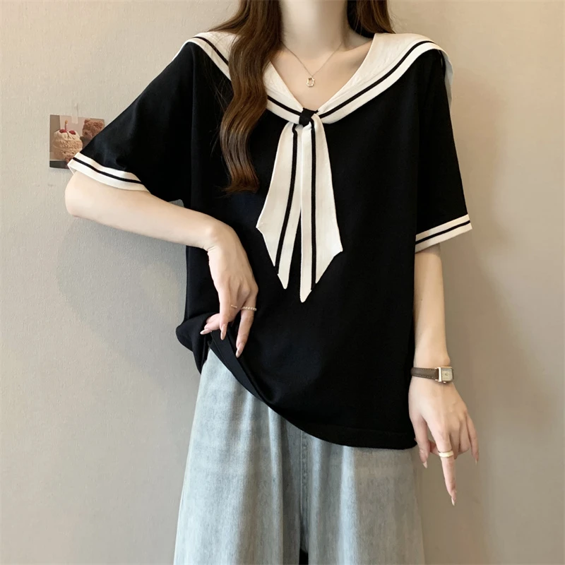 【运费险】【现货48小时】短袖海军翻领微胖女装夏季针织撞色大码胖mm