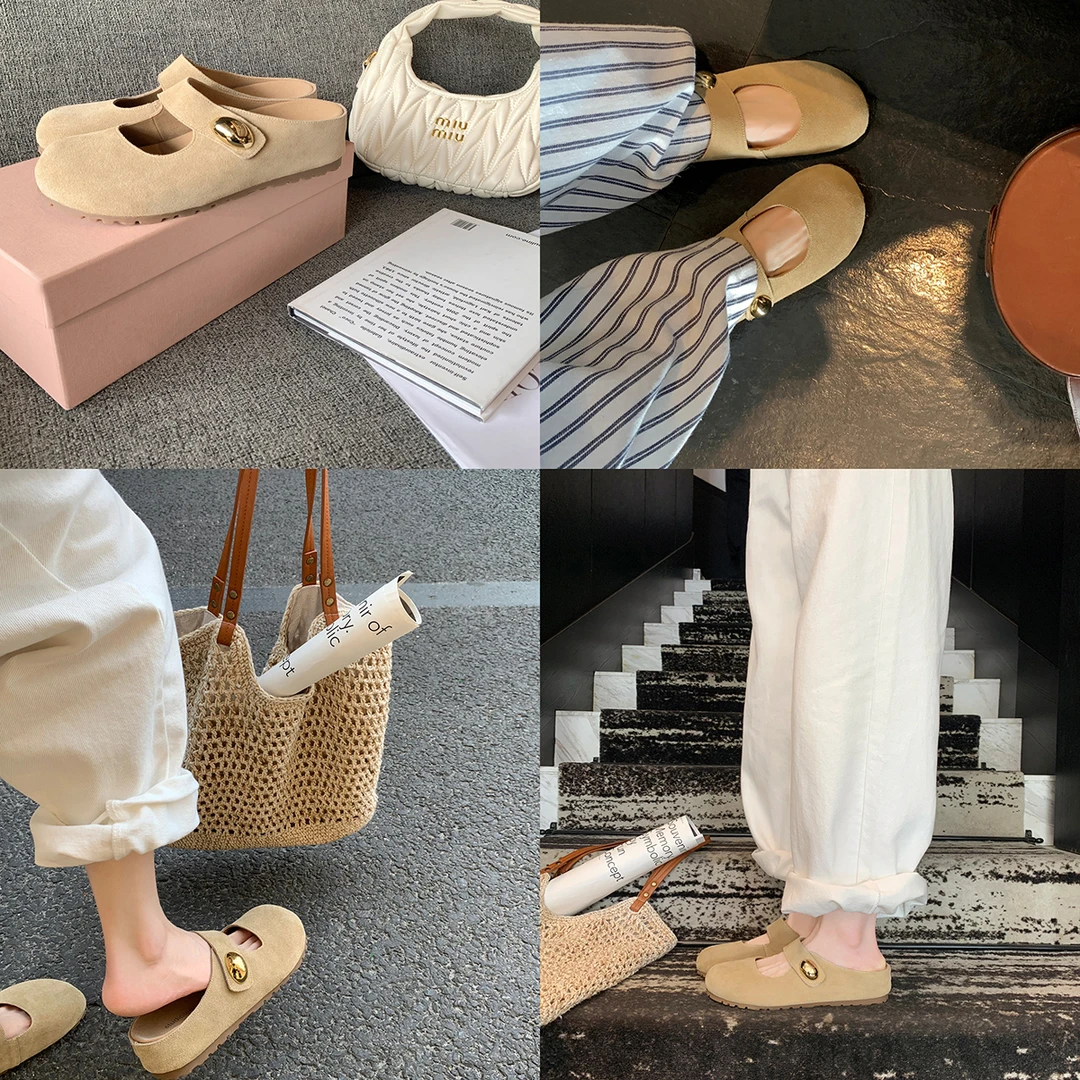 5cm增高~黄色小金豆圆头软萌玛丽珍勃肯半拖鞋女夏季凉拖一脚蹬