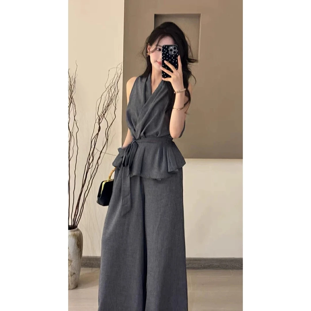 【套装】法式气质腰绑带上衣+阔腿裤两件套2511