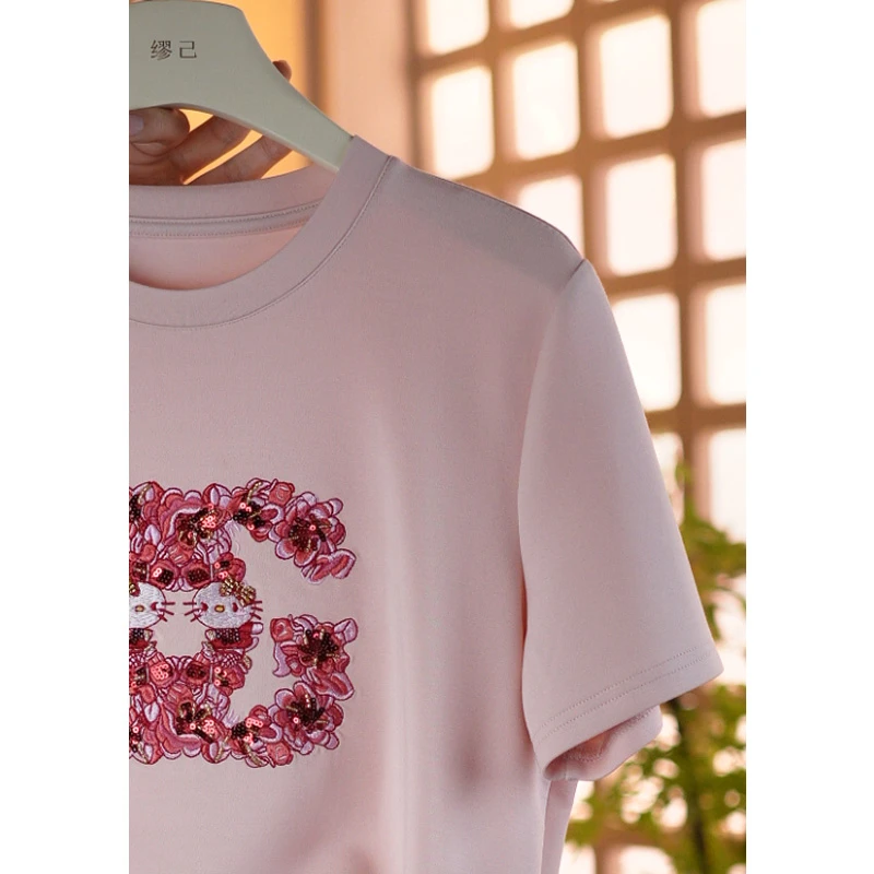 【似锦】天丝面膜T恤2025春夏新品刺绣女式宽松休闲正肩圆领短袖