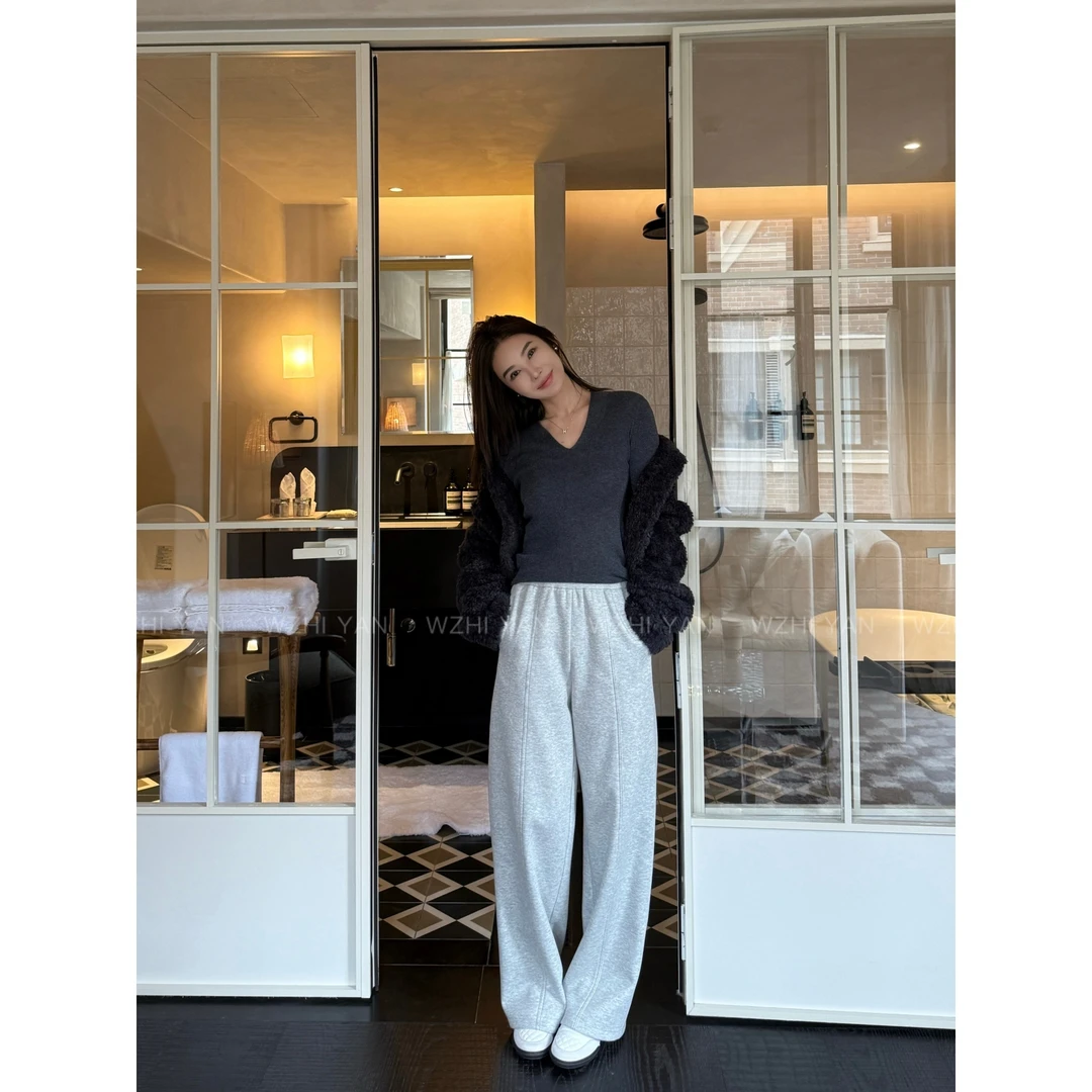 意威家【曼妮随记】“进口匹马棉”高腰抽绳立体线显瘦休闲阔腿裤2093