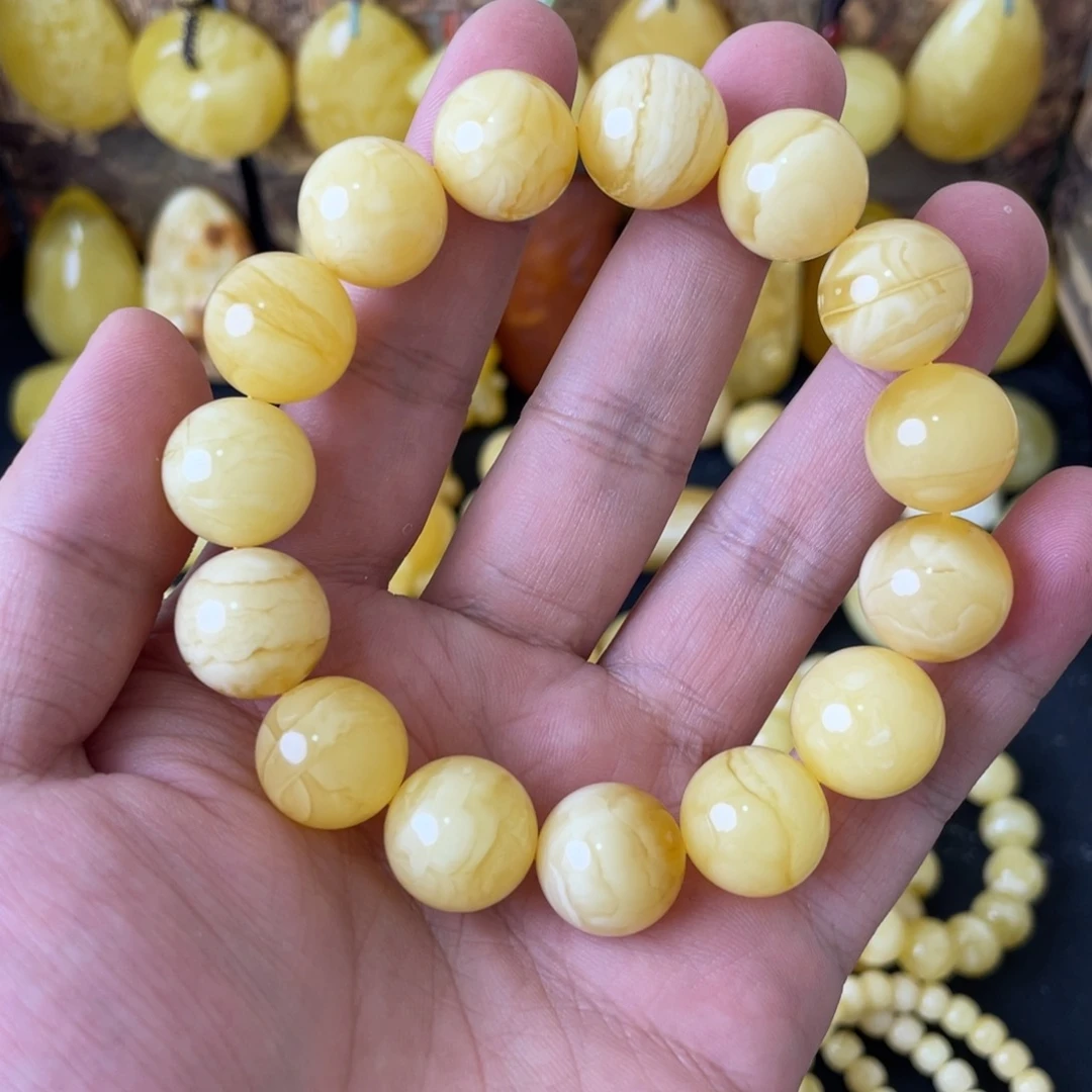 琥珀未镶嵌手串15+俄料浓蜡妖白花圆珠手串