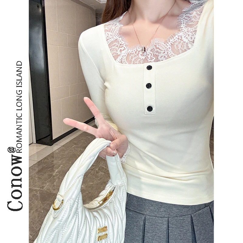 春秋款纯欲方领修身内搭上衣蕾丝花边拼接打底螺纹长袖t恤女