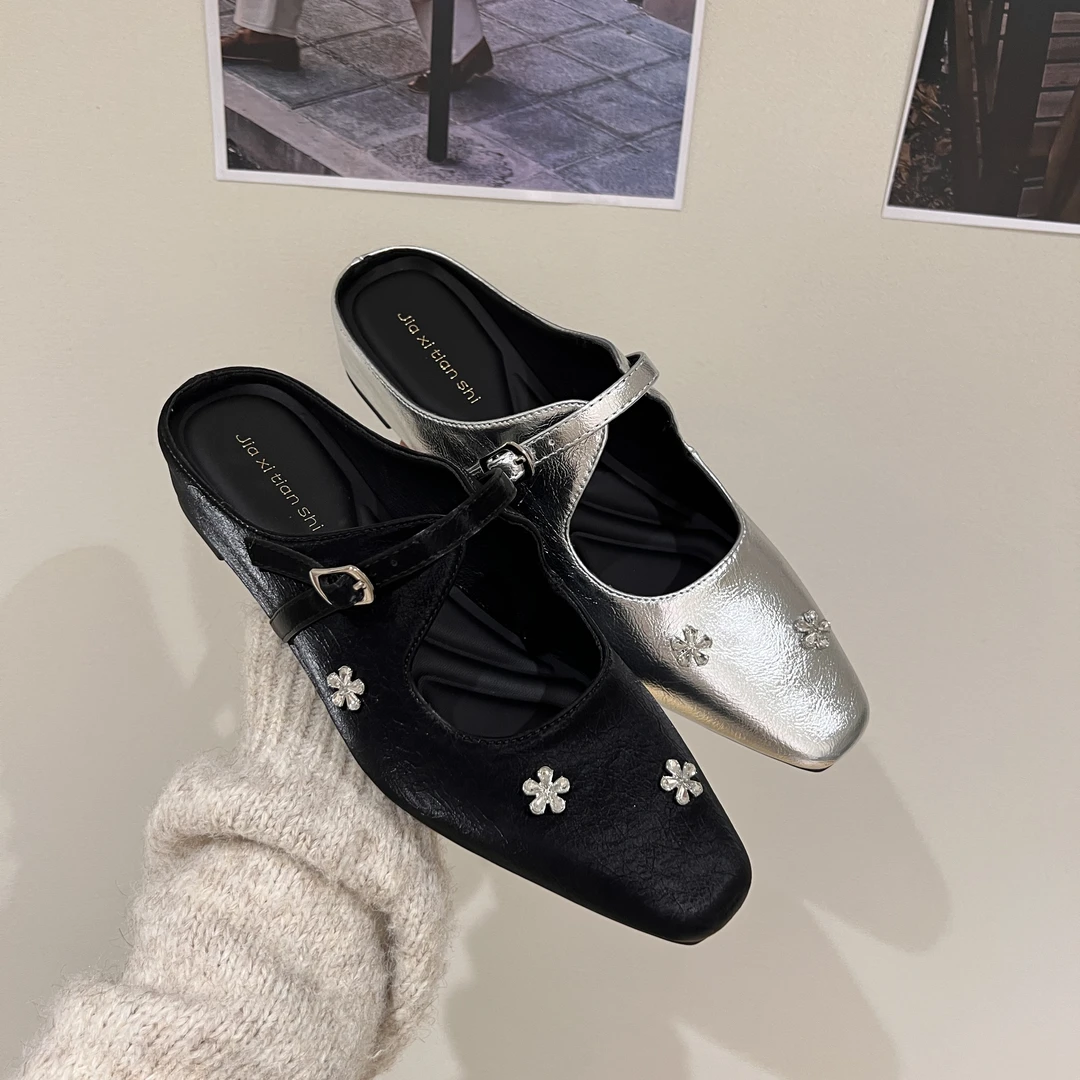 浅口水钻平跟内增高包头百搭修面包头拖复古风韩版日常胶粘鞋舒适