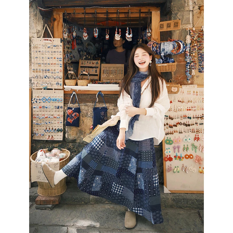 夏季新款日系休闲度假风时尚套装防晒罩衫上衣女小众印花半身裙子