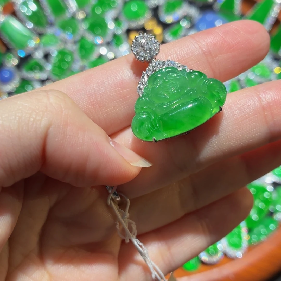 翡翠未镶嵌颈饰重金阳绿起胶高冰佛公