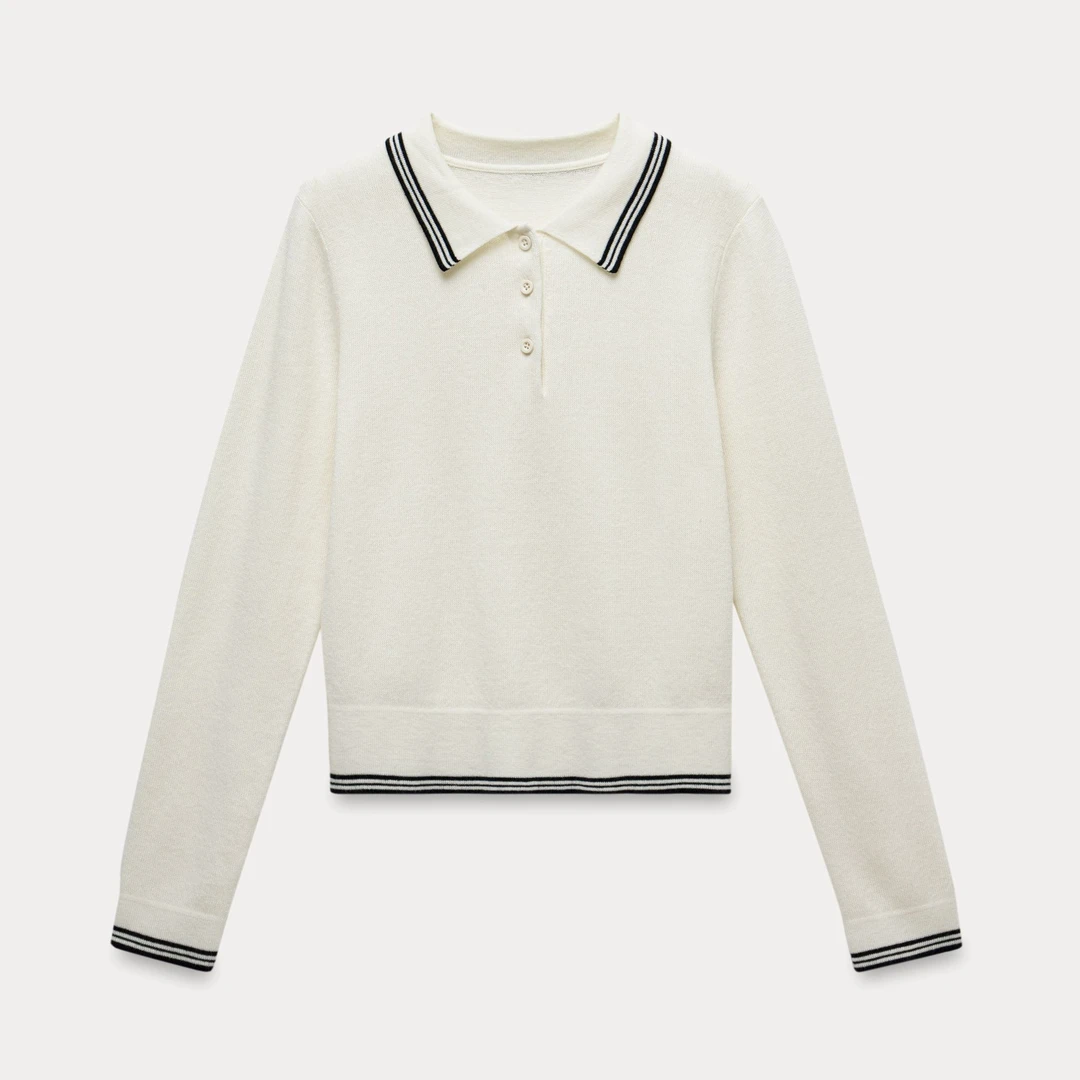 2025秋季新款撞色针织衫百搭休闲长袖上衣法式复古polo领设计感