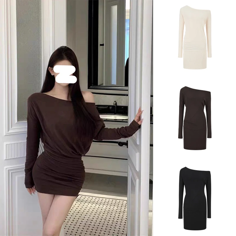 Moses Queen/魔西女王斜肩性感长袖女连衣裙遮肉显瘦一字肩包臀裙