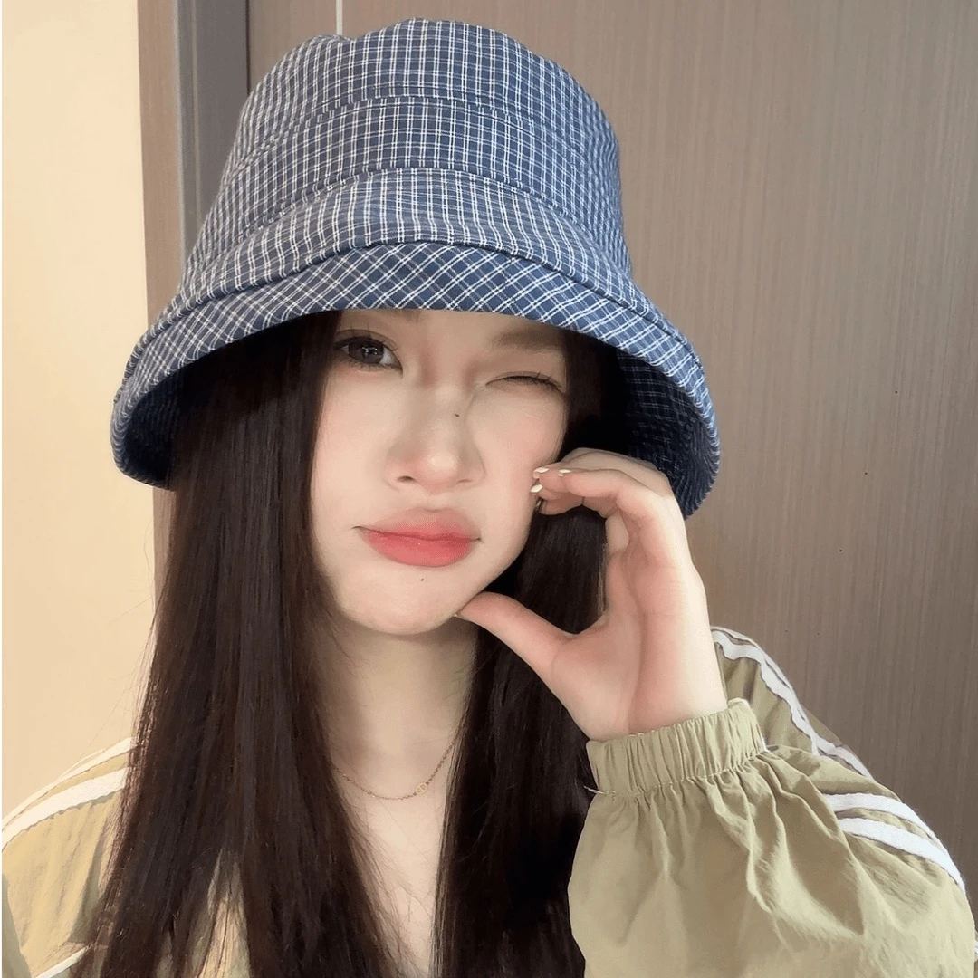 日系格子渔夫帽春夏季户外时尚防晒盆帽大帽檐百搭遮阳帽子女休闲