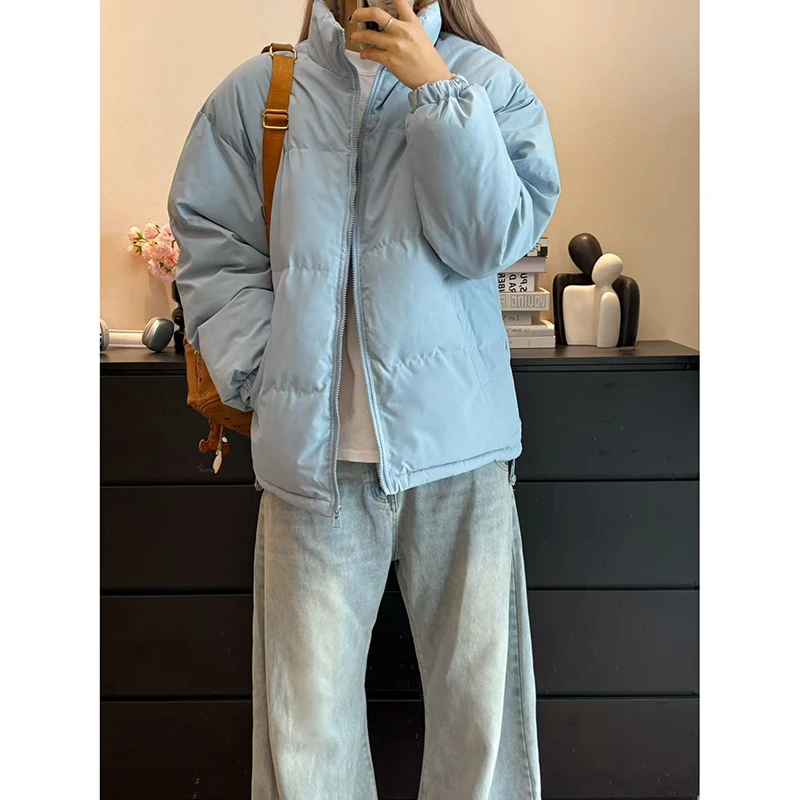 cleanfit蓝色格子拼接棉服男款冬季加厚立领面包服情侣装棉衣外套