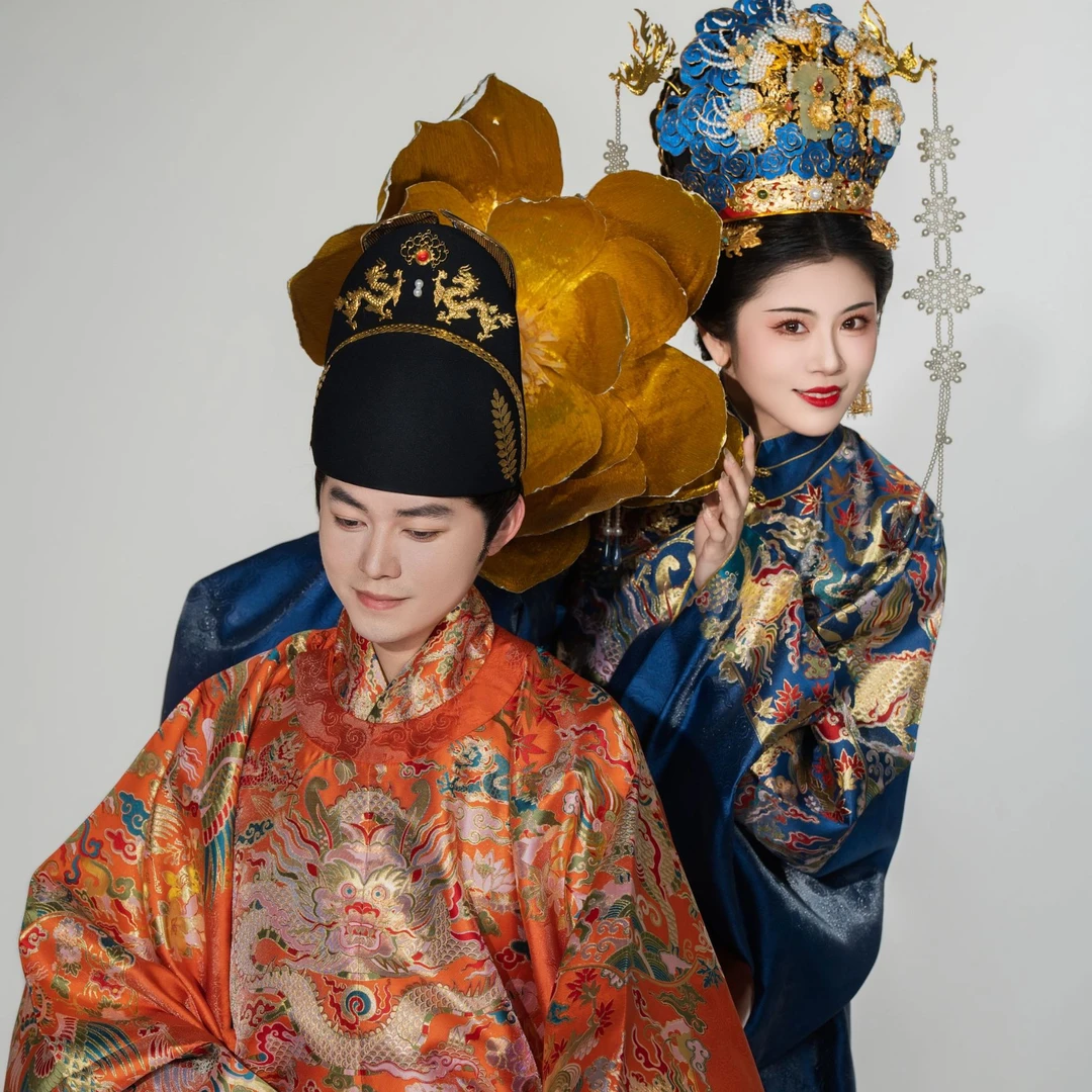 女款明制•二十四节氣四神兽云肩通袖膝阑仿妆花纱袍蟒凤圆领婚服