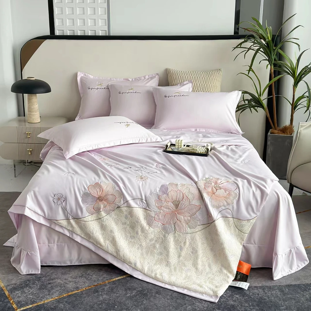 紫色蕾丝贴布绣夏凉被四件套凉感空调被子刺绣花夏被【好运连连】