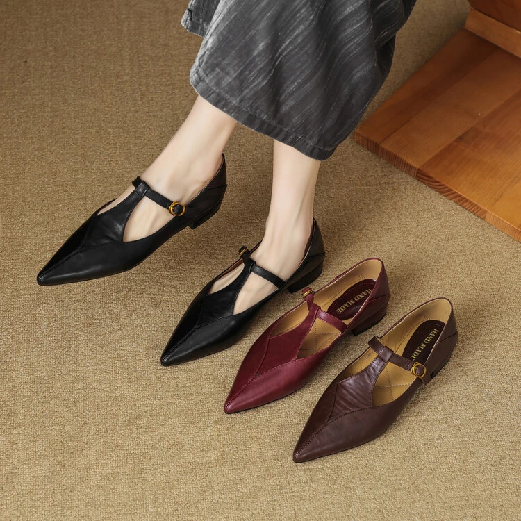 牛皮2cm复古全真皮T字带玛丽珍小皮鞋法式尖头低跟浅口平底单鞋女