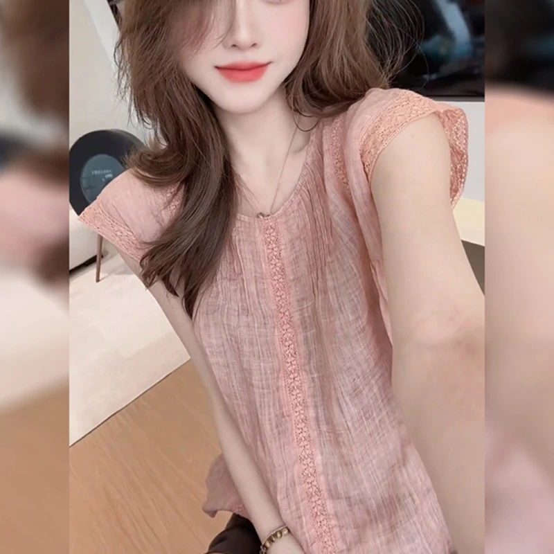 法式洋气设计感蕾丝镂空短袖衬衫女夏季新款气质减龄漂亮显瘦上衣