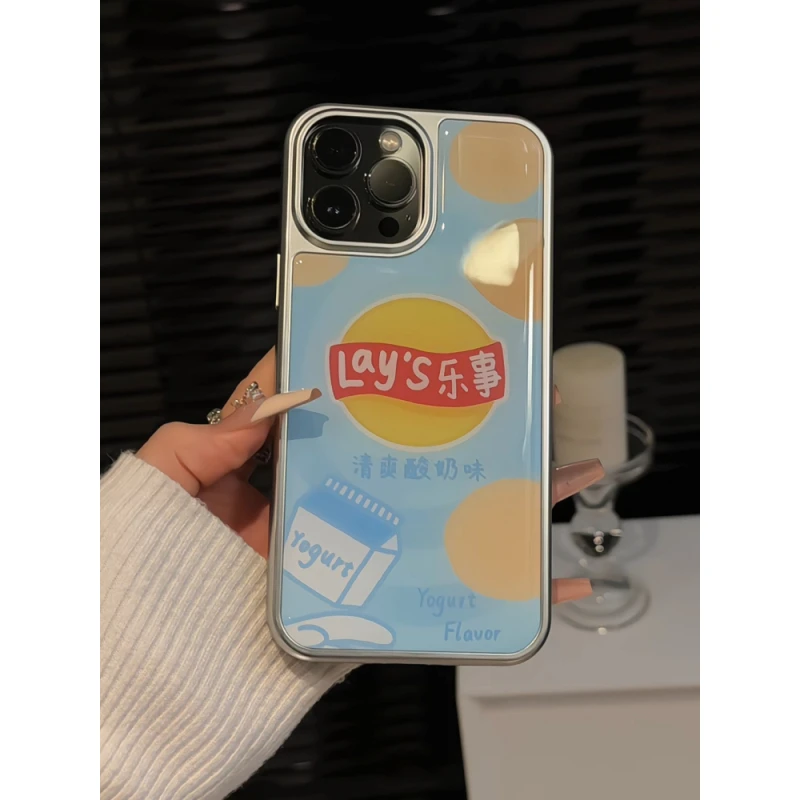 适用苹果16pro电镀大孔相框卡通手机壳iphone15女黄瓜味薯片华为p