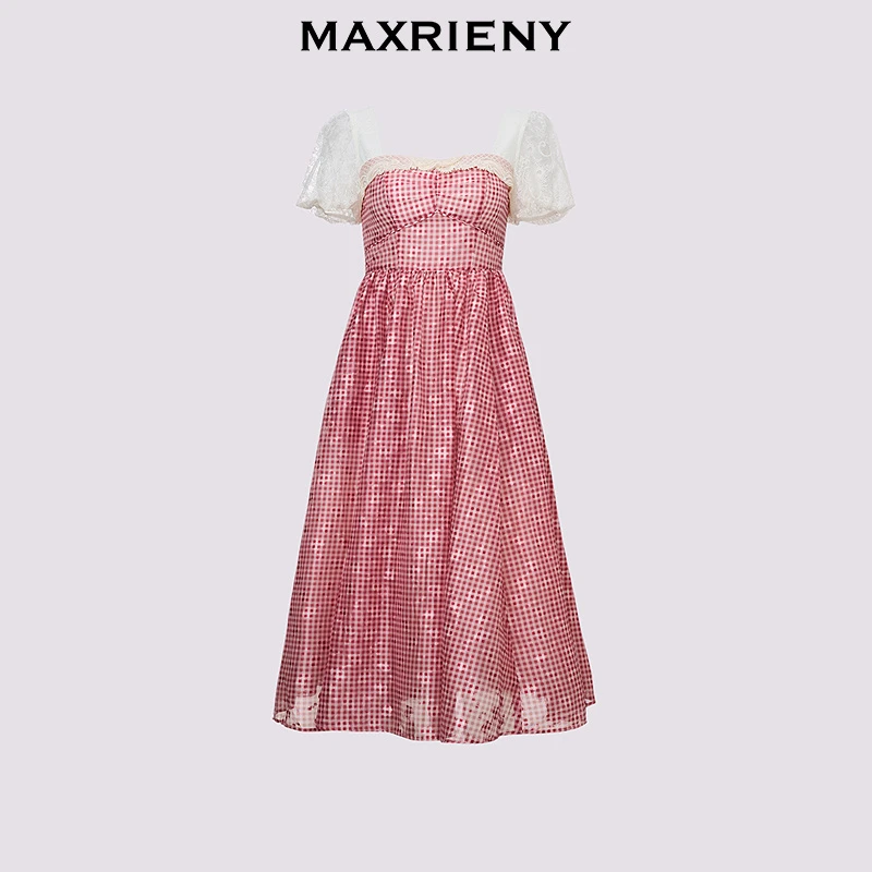 【高高甄选】MAXRIENY2025年春夏红格纹连衣裙赫本显瘦高腰鬼马甜心