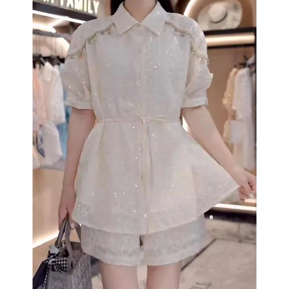 【宠粉专属】气质套装女夏季新款泡泡袖衬衫搭高腰短裤两件套8455