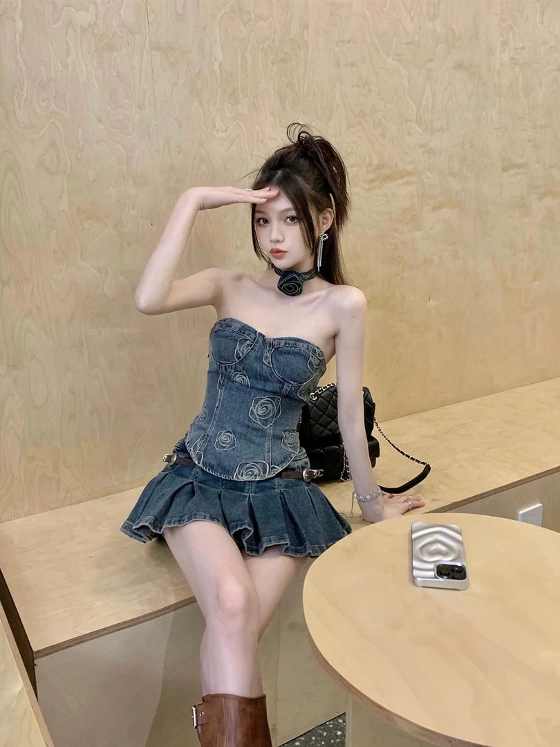 詹小姐连衣裙百褶裙辣妹复古短裙法式短款牛仔裙孤品抠号直播间