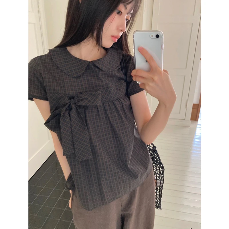 现货 韩国东大门parai*so娃娃领格子蝴蝶结褶皱衬衫短袖上衣女