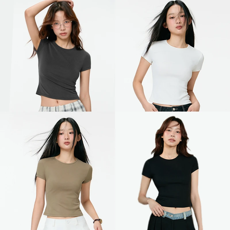 PINPINPLUS丨「初体验」百搭修身显瘦圆领基础纯色T恤 PABEA210003G